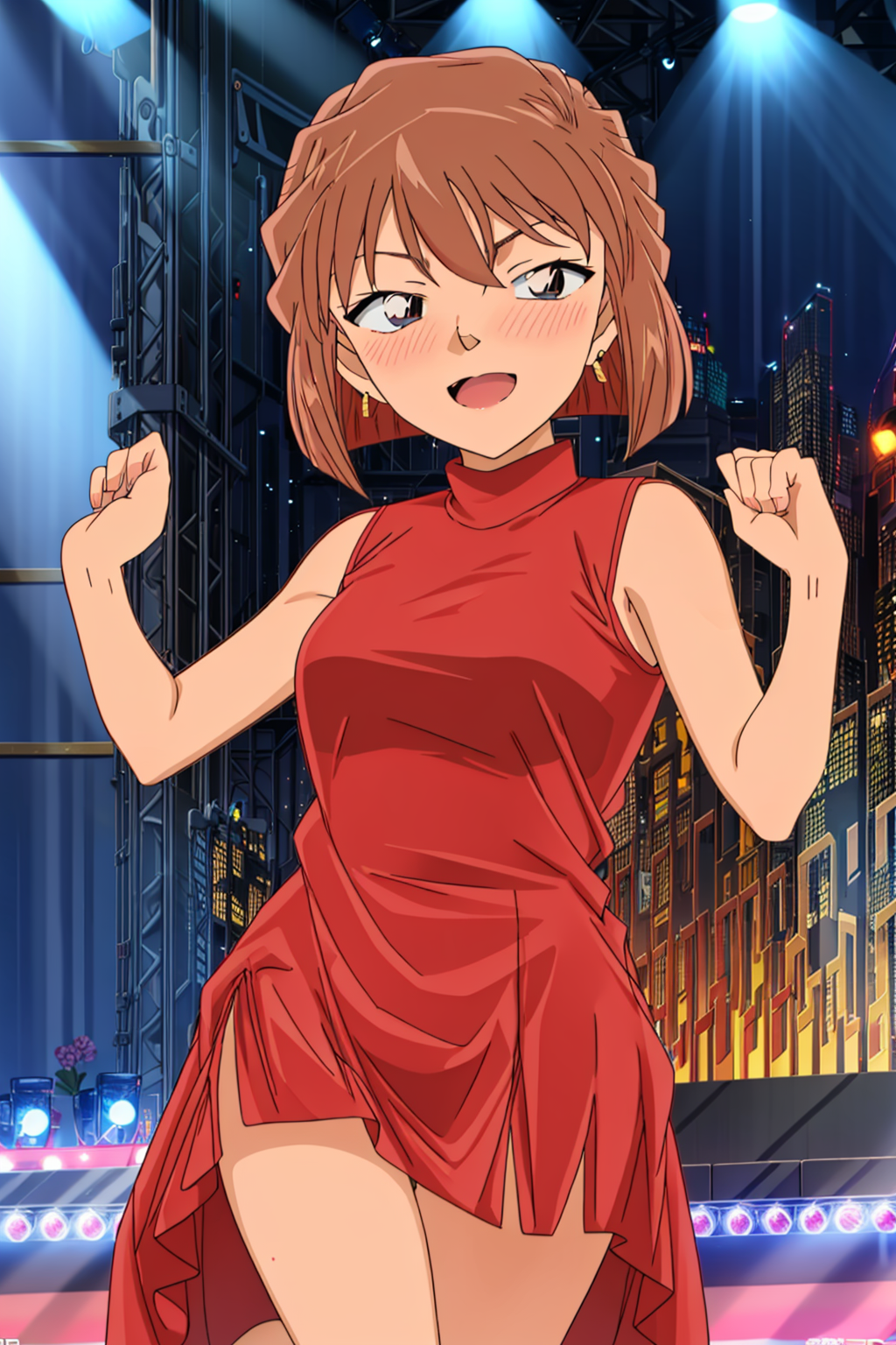 00286-2052935348-haibaratv,1girl,brown hair,short hair,embarrassed,nose blush,sleeveless dress,earrings, indoors, banquet,stage, dancing, fantasy.png